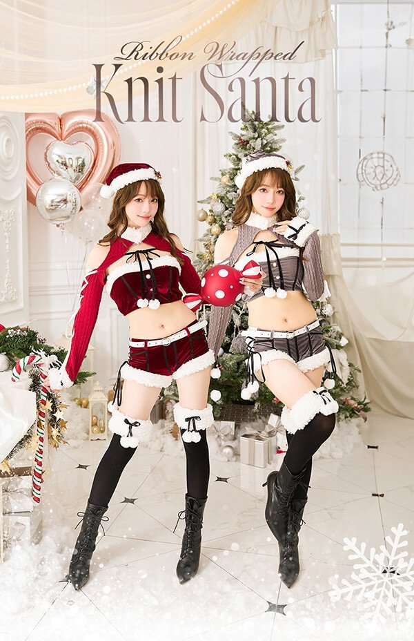 画像1: 【ノベルティ対象】【即日発送！】【クリスマスコスプレ7点セット】【Malymoon/マリームーン】リボンラッピングサンタセットアップ【フリーサイズ/2カラー】[OF03]