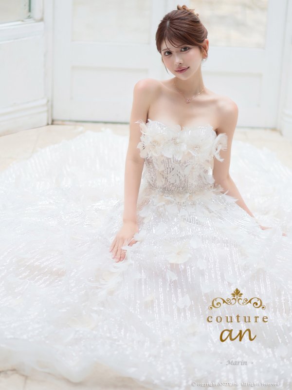 画像2: 【couture an/クチュールアン】ベア/ フェザーフラワー/ パール/ フレア/ Aライン/ プリンセス/ ロングドレス/ キャバドレス long[OF05]