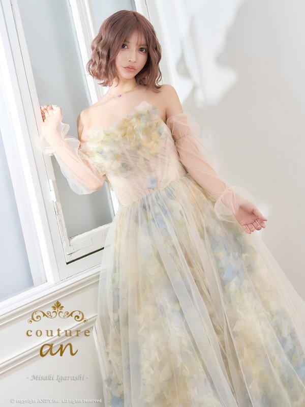 【couture an/クチュールアン】ベア/ シフォン/ チュール/ 立体フラワー/ フレア/ Aライン/ プリンセス/ ロングドレス/ キャバドレス long[OF05]　グリーン