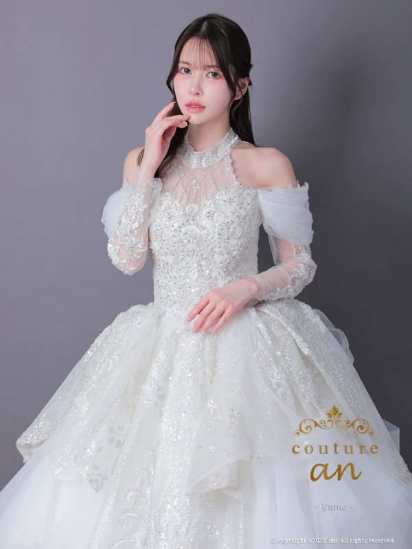 画像2: 【couture an/クチュールアン】アメスリ/ レース/ スパンコール/ ビーズ/ 刺繍/ ロングスリーブ/ オフショル/ Aライン/ プリンセス/ ロングドレス/ キャバドレス long[OF05]