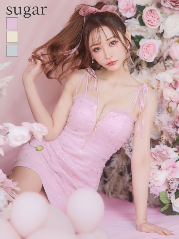 画像1: XSサイズあり【ROBE de FLEURS/ローブドフルール】バストジッパー/ ショルダーリボン/ スパンコール/ タイト/ ミニドレス/ キャバドレス[OF2]