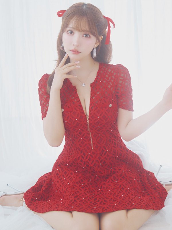 画像2: XSサイズあり【ROBE de FLEURS/ローブドフルール】シースルーレース/ ビジュー/ バストジップ/ 袖あり/ 半袖/ フレア/ ミニドレス/ キャバドレス[OF2]