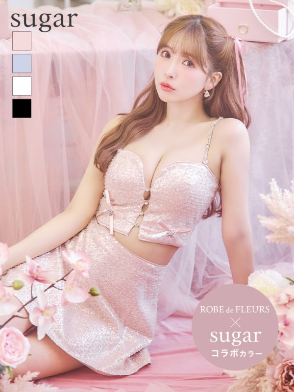 画像1: sugarコラボカラー・XSサイズあり【ROBE de FLEURS/ローブドフルール】サイドミニリボン/ スパンコール/ グロウ/ セットアップ/ フレア/ ミニドレス/ キャバドレス[OF2]