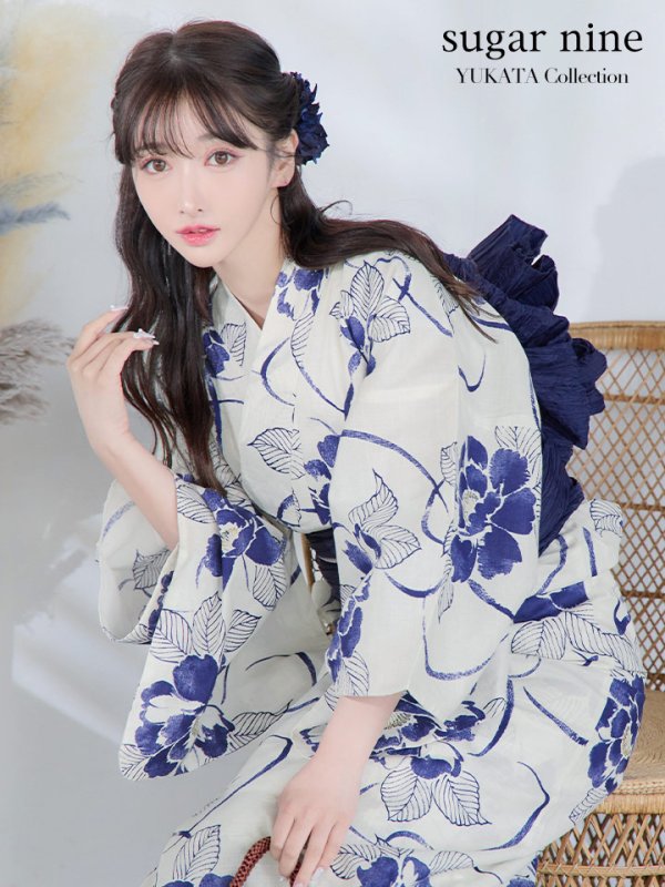 画像1: 【予約商品/4月下旬発送予定】水彩椿の綺麗系浴衣 OBI-siwa-200-kj-12-DKBL / HIMO-900-yn-4-GYxGY / YA-947-kj-BL / HEKO-800-sb-5-W / GETA-02-ok-3-LBL /yo  [YMT]