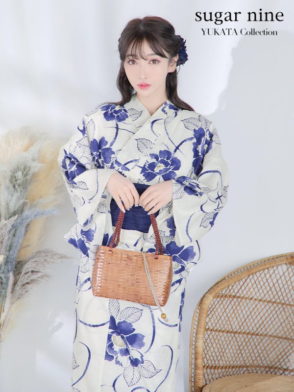 画像2: 【予約商品/4月下旬発送予定】水彩椿の綺麗系浴衣 OBI-siwa-200-kj-12-DKBL / HIMO-900-yn-4-GYxGY / YA-947-kj-BL / HEKO-800-sb-5-W / GETA-02-ok-3-LBL /yo  [YMT]