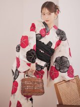 【予約 / 5月下旬発送予定】紅色と黒の朝顔柄浴衣 OBI-siwa-204-wk-1-B / HIMO-902-kj-5-RosePK / / YA-1072-kn-R / GETA-02-ok-7-R/ [yo/OF01]