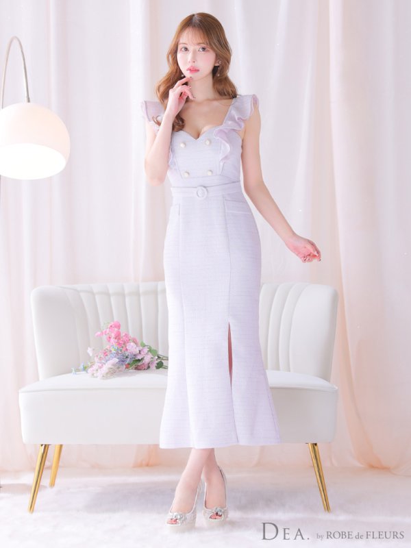 画像11: Lサイズあり【DEA. by ROBE de FLEURS/ディアバイローブドフルール】肩フリル/ ダブルボタン/ スリット/ ミモレ丈/ ミディアムドレス/ キャバドレス[OF2] (11)