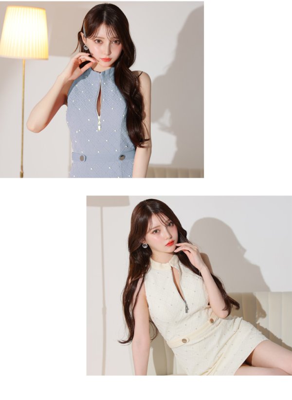 画像10: XSサイズあり【ROBE de FLEURS Glossy/ローブ・ド・フルール グロッシー】フロントジッパー/ ビジュー/ リブ/ ノースリーブ/ タイト/ ミニドレス/ キャバドレス[OF2] (10)