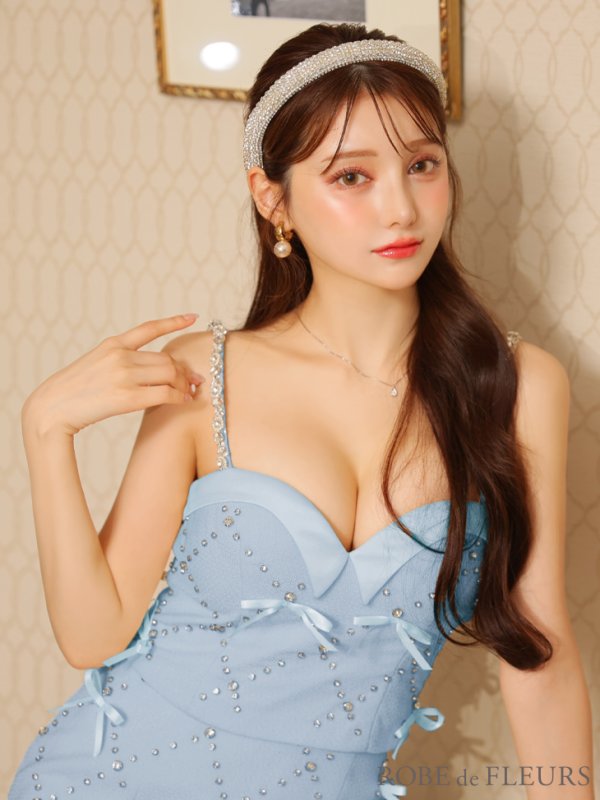 画像4: XSサイズあり【ROBE de FLEURS/ローブドフルール】サテンリボン/ ビジュー/ ガーリー/ セットアップ/ タイト/ ミニドレス/ キャバドレス[OF2] (4)