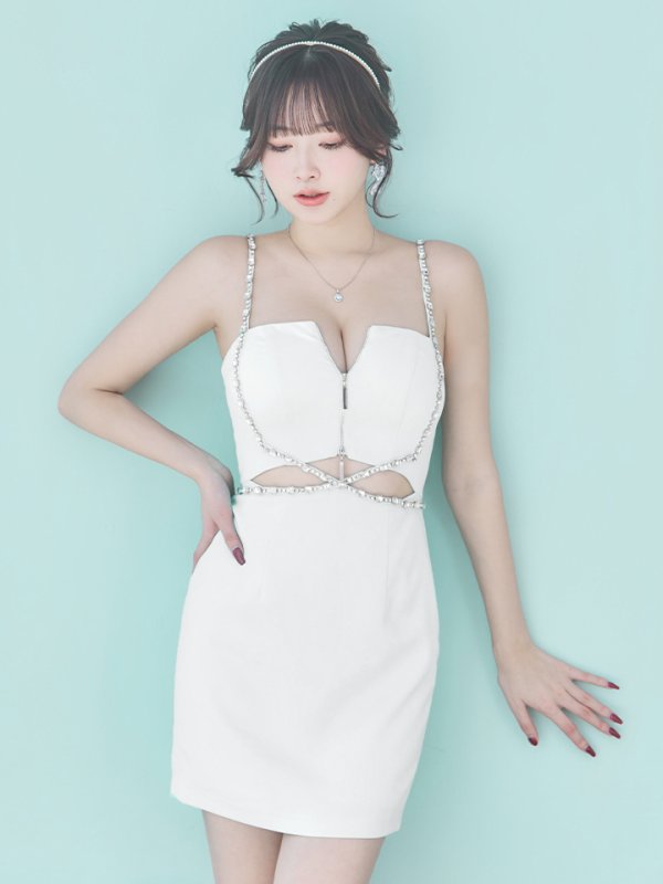 画像26: XSサイズあり【ROBE de FLEURS Glossy/ローブ・ド・フルール グロッシー】クロスビジュー/ フロントジップ/ キャミソール/ ストレッチ/ タイト/ ミニドレス/ キャバドレス[OF2] (26)