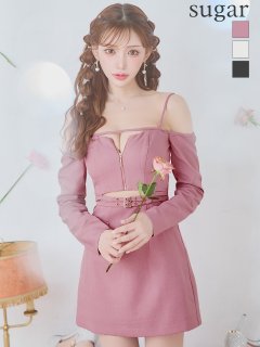 【ROBE de FLEURS Glossy/ローブ・ド・フルール グロッシー】オフショル/ ロングスリーブ/ ウエストカット/ タイト/ ミニドレス/ キャバドレス