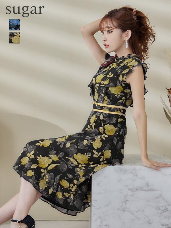 画像2: XS-Lサイズあり 【GINZA COUTURE/銀座クチュール】フラワープリント/ ノースリーブ/ フレア/ ミディアム丈/ ひざ丈/ ワンピース/ キャバドレス[OF2] (2)