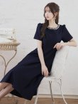 画像3: XS-Lサイズあり【GINZA COUTURE/銀座クチュール】ネックビジュー/ シンプル/ ワンカラー/ 半袖/ 袖あり/ Aライン/ 膝丈/ ミディアムドレス/ キャバドレス[OF2] (3)