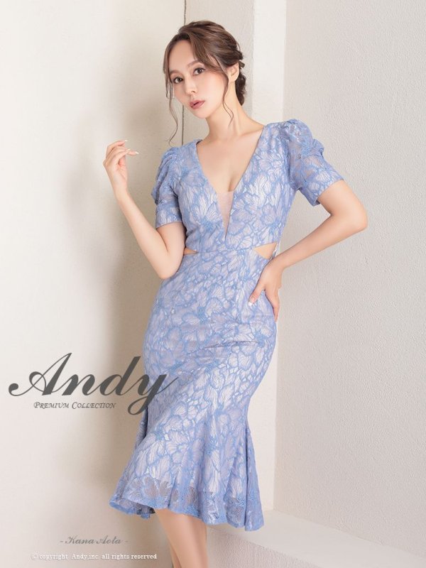 【Andy ANDY Fashion Press 15 COLLECTION 01】フラワーレース/ ウエストカット/ 袖あり/ 半袖/ パフスリーブ/ シアー/ タイト/ 膝丈/ ミディアムドレス/ キャバドレス　ブルー