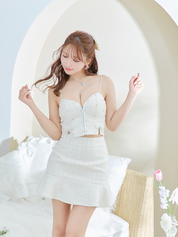 画像9: XSサイズあり【ROBE de FLEURS/ローブドフルール】 セットアップ/ キャミソール/ビジュー/ リボン/ フロントジップ/ ツイード/ フレア/ ミニドレス/ キャバドレス[OF2] (9)
