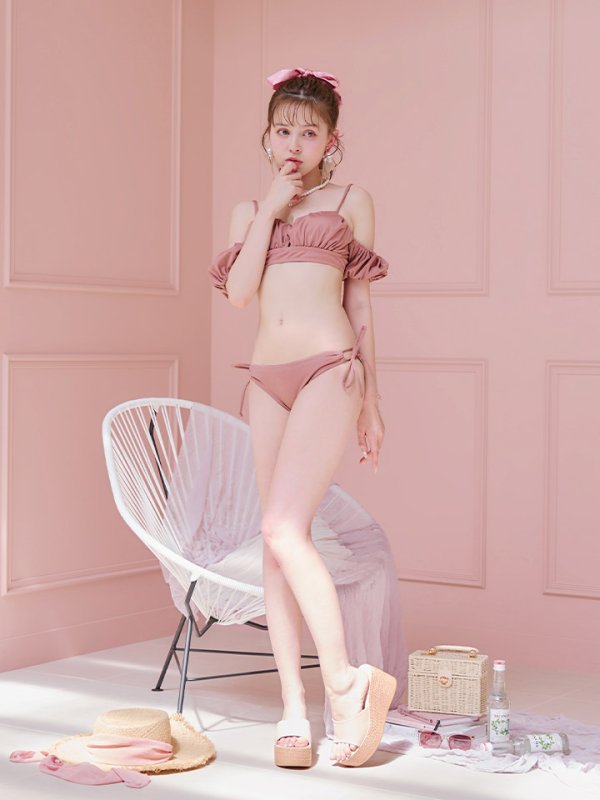 画像17: 【即日発送！】【ビキニ】【水着】くしゅっとオフショル袖シンプルビキニ 2点セット[YMT] (17)