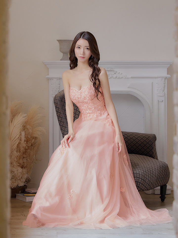 ロングドレス パーティドレス サーモンピンク - ドレス
