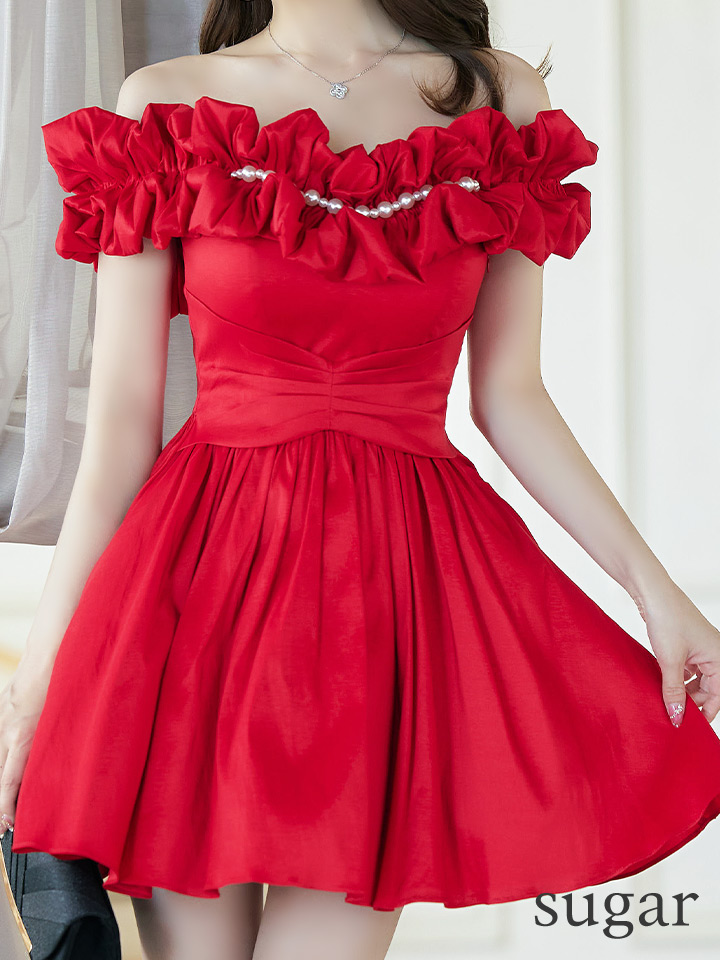 Sサイズ状態フレア キャバ ドレス 赤 オフショル