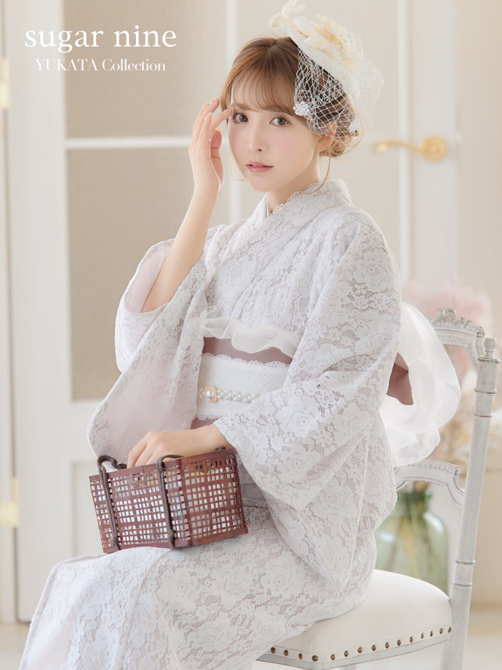 即日発送】【浴衣】ピンク地×白レース浴衣（19obi-30 / Yhimo-pearl02 