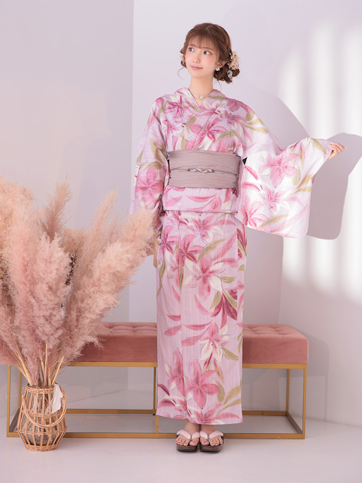ピンク×ホワイトsugar ピンクの百合が咲き誇るガーリー浴衣 siwa36 /  ４点セット